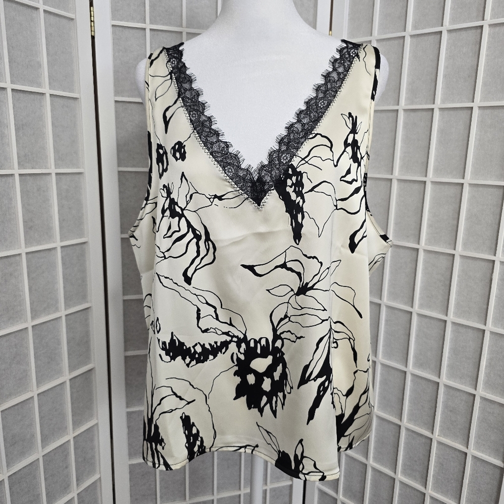 Joie Cream and Black Floral Lace Trim V-Neck Tank